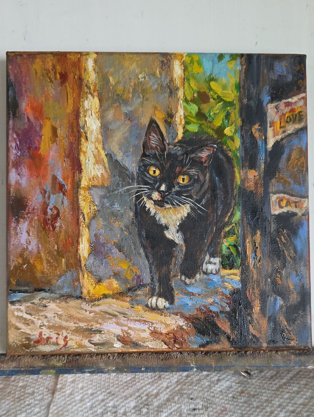 Abstract oil Painting cute Tuxedo cat.